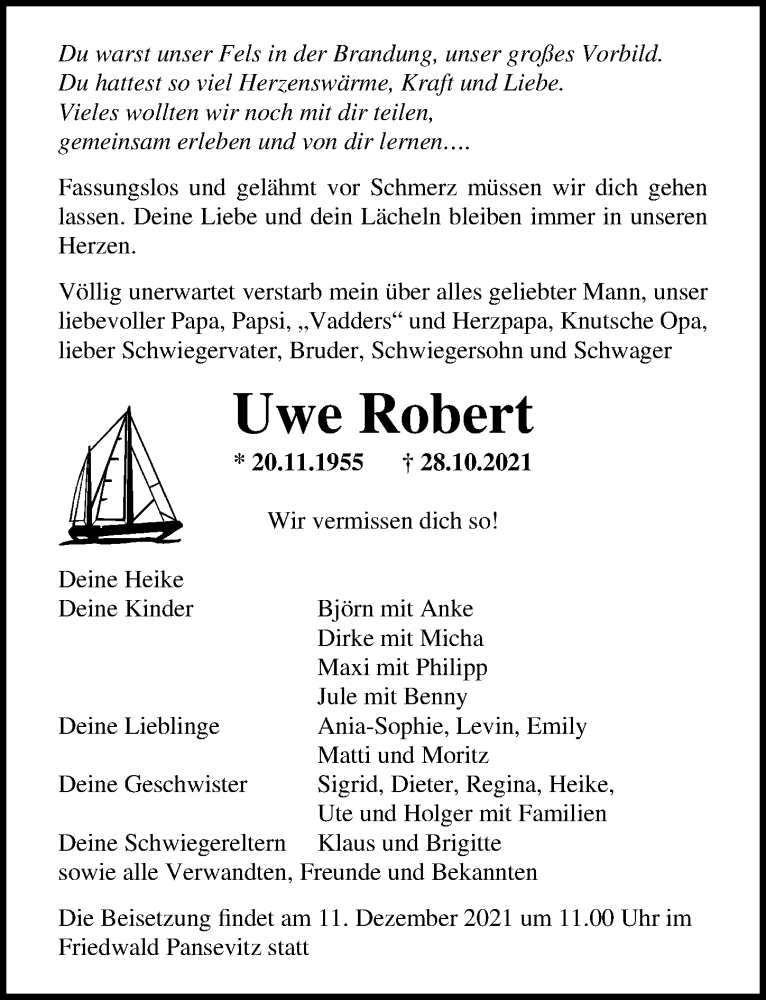  Traueranzeige für Uwe Robert vom 06.11.2021 aus Ostsee-Zeitung GmbH