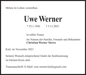 Traueranzeige von Uwe Werner von Kieler Nachrichten