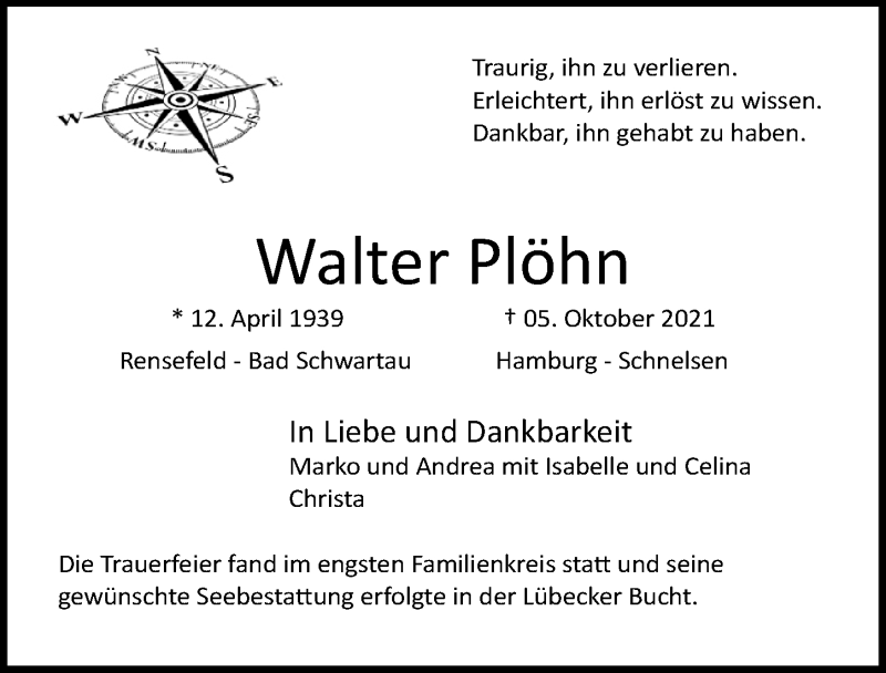  Traueranzeige für Walter Plöhn vom 07.11.2021 aus Lübecker Nachrichten