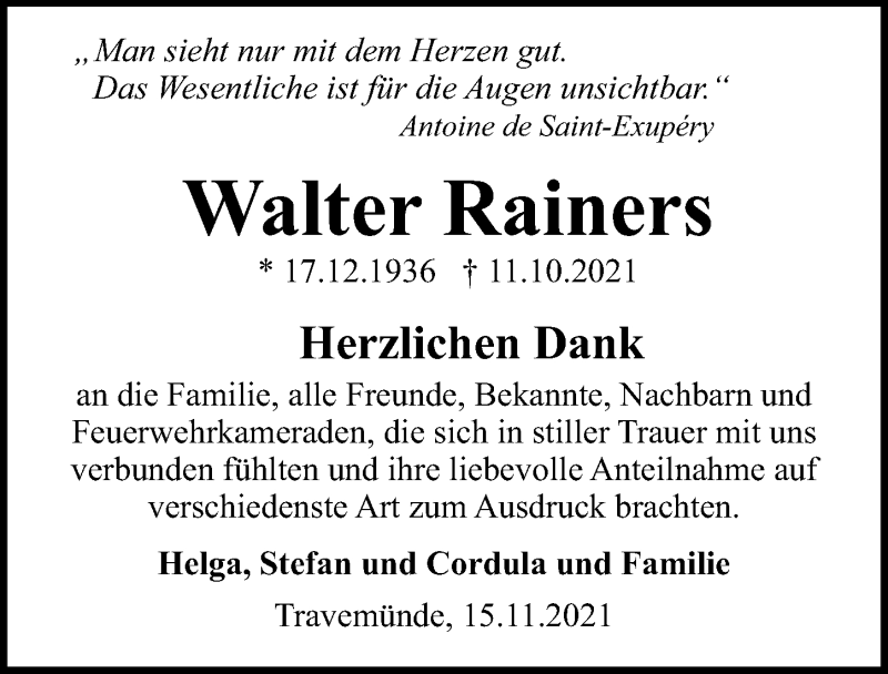  Traueranzeige für Walter Rainers vom 17.11.2021 aus Lübecker Nachrichten