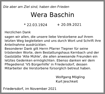 Traueranzeige von Wera Baschin von Märkischen Allgemeine Zeitung