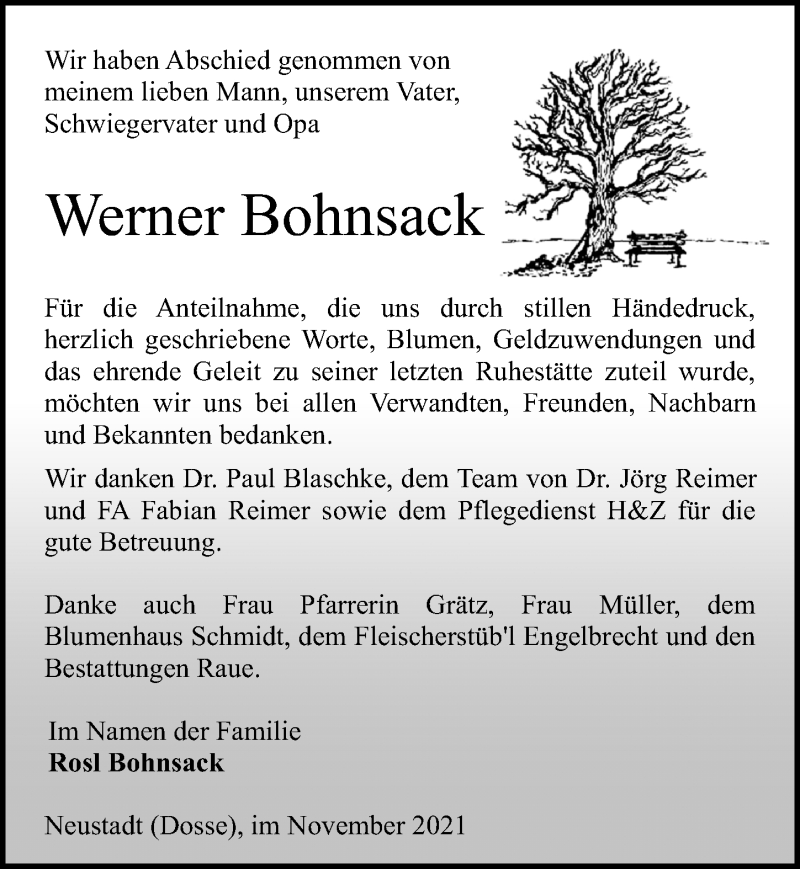  Traueranzeige für Werner Bohnsack vom 20.11.2021 aus Märkischen Allgemeine Zeitung