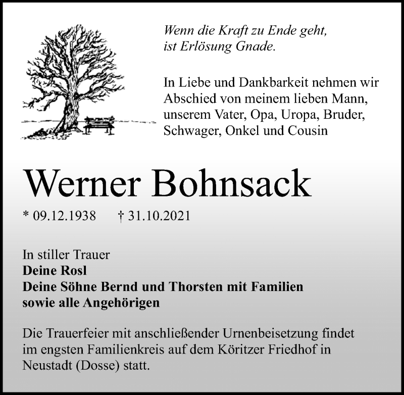  Traueranzeige für Werner Bohnsack vom 06.11.2021 aus Märkischen Allgemeine Zeitung