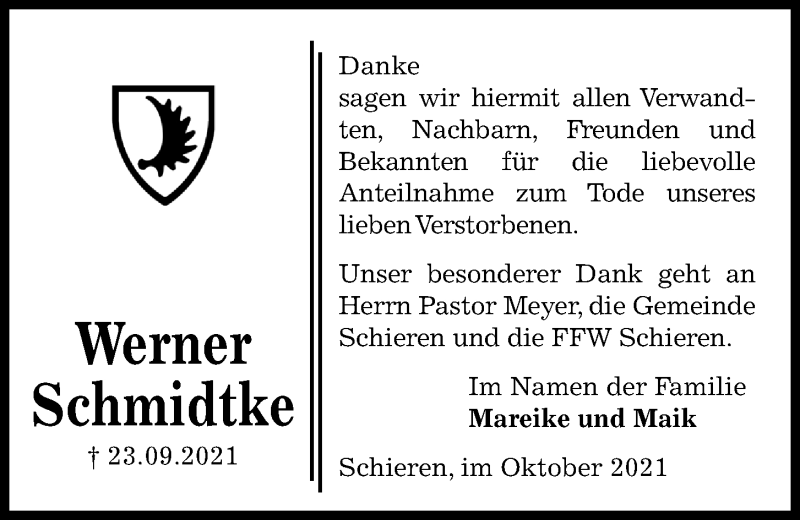  Traueranzeige für Werner Schmidtke vom 23.10.2021 aus Kieler Nachrichten