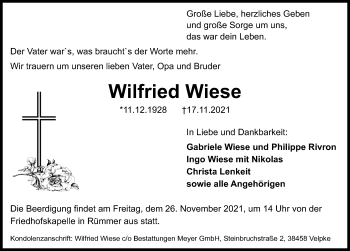 Traueranzeige von Wilfried Wiese von Aller Zeitung