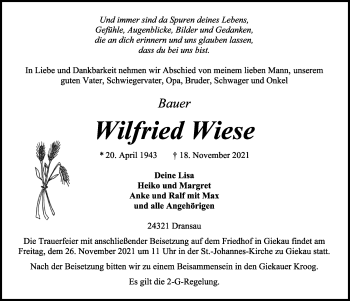 Traueranzeige von Wilfried Wiese von Kieler Nachrichten