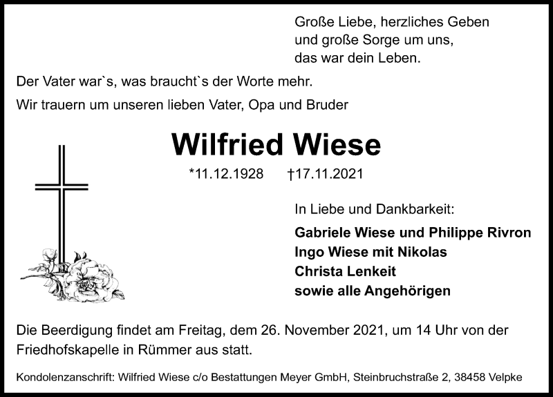  Traueranzeige für Wilfried Wiese vom 24.11.2021 aus Aller Zeitung