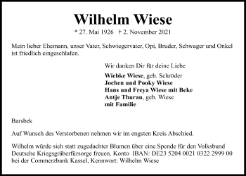 Traueranzeige von Wilhelm Wiese von Kieler Nachrichten