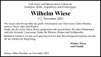 Traueranzeige von Wilhelm Wiese von Kieler Nachrichten