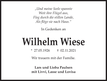 Traueranzeige von Wilhelm Wiese von Kieler Nachrichten