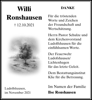 Traueranzeige von Willi Ronshausen von Göttinger Tageblatt