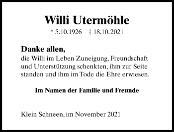 Traueranzeige von Willi Utermöhle von Göttinger Tageblatt