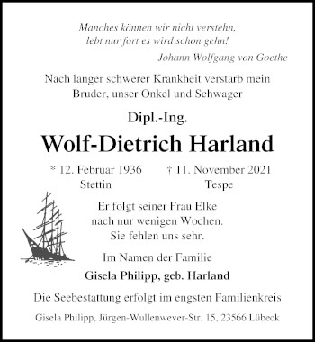 Traueranzeige von Wolf-Dietrich Harland von Lübecker Nachrichten