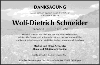 Traueranzeige von Wolf-Dietrich Schneider von Göttinger Tageblatt