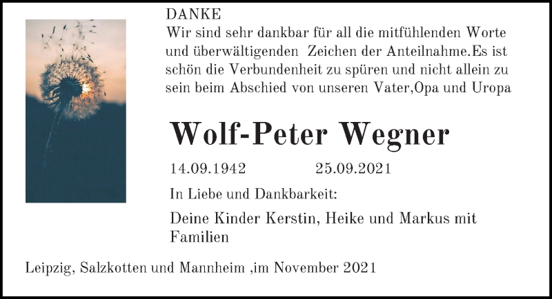  Traueranzeige für Wolf-Peter Wegner vom 06.11.2021 aus Leipziger Volkszeitung