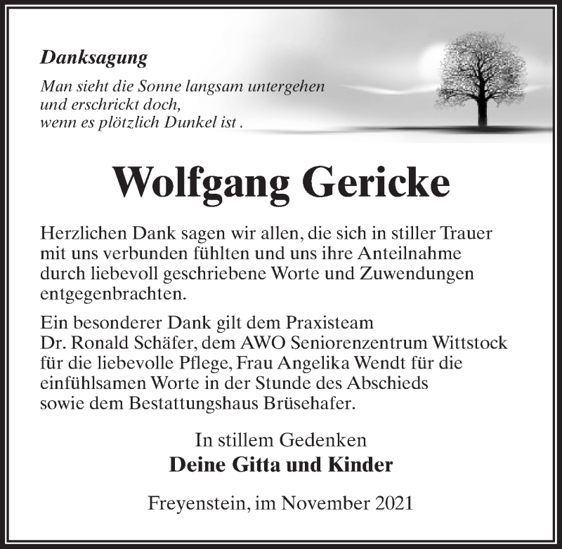  Traueranzeige für Wolfgang Gericke vom 20.11.2021 aus Märkischen Allgemeine Zeitung