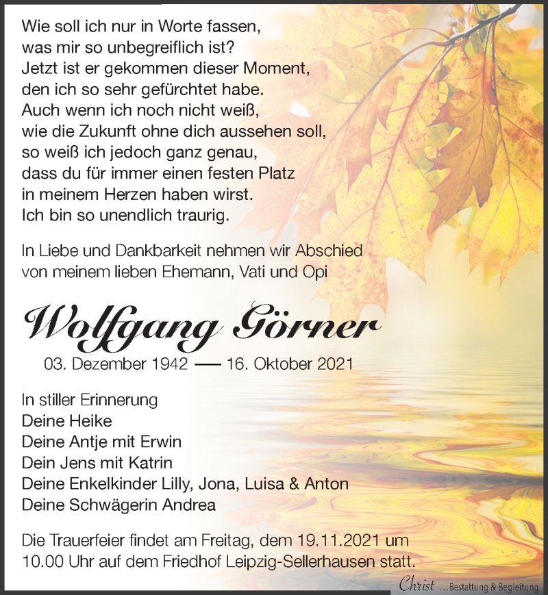  Traueranzeige für Wolfgang Görner vom 06.11.2021 aus Leipziger Volkszeitung
