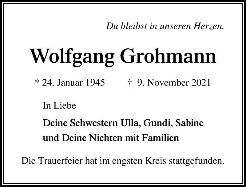  Traueranzeige für Wolfgang Grohmann vom 21.11.2021 aus Lübecker Nachrichten
