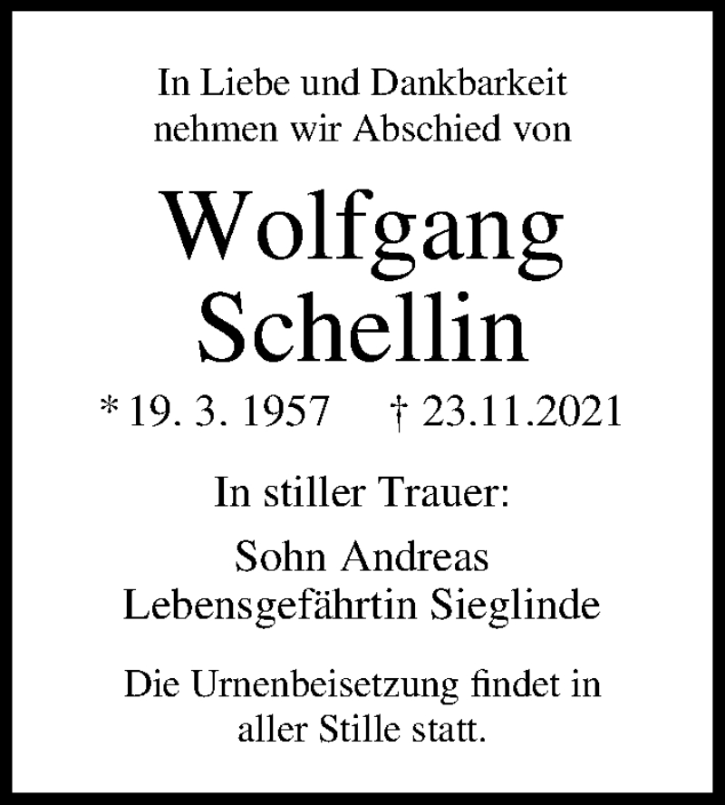  Traueranzeige für Wolfgang Schellin vom 27.11.2021 aus Ostsee-Zeitung GmbH