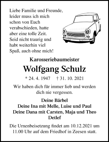 Traueranzeige von Wolfgang Schulz von Märkischen Allgemeine Zeitung