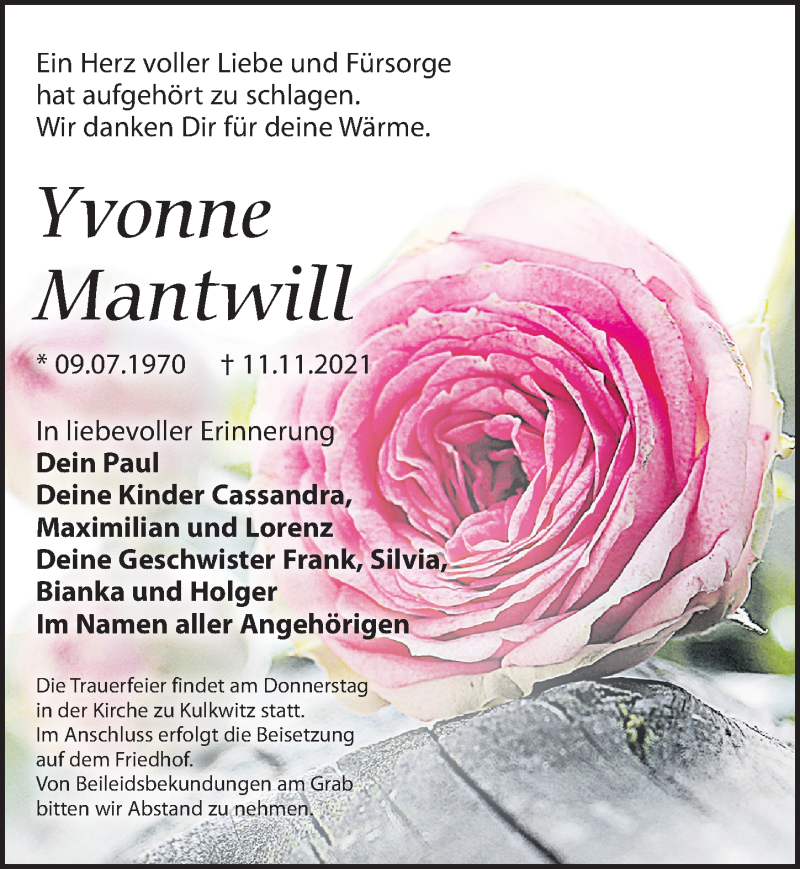  Traueranzeige für Yvonne Mantwill vom 20.11.2021 aus Leipziger Volkszeitung