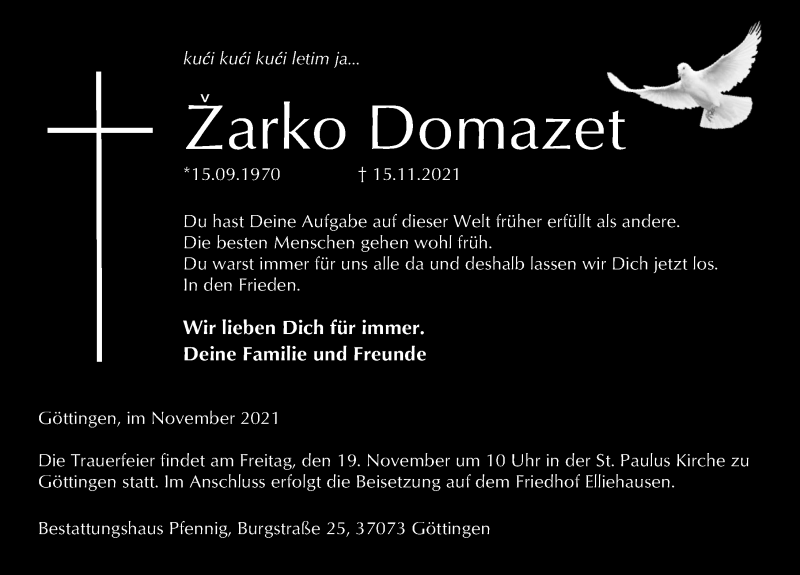  Traueranzeige für Žarko Domazet vom 18.11.2021 aus Göttinger Tageblatt