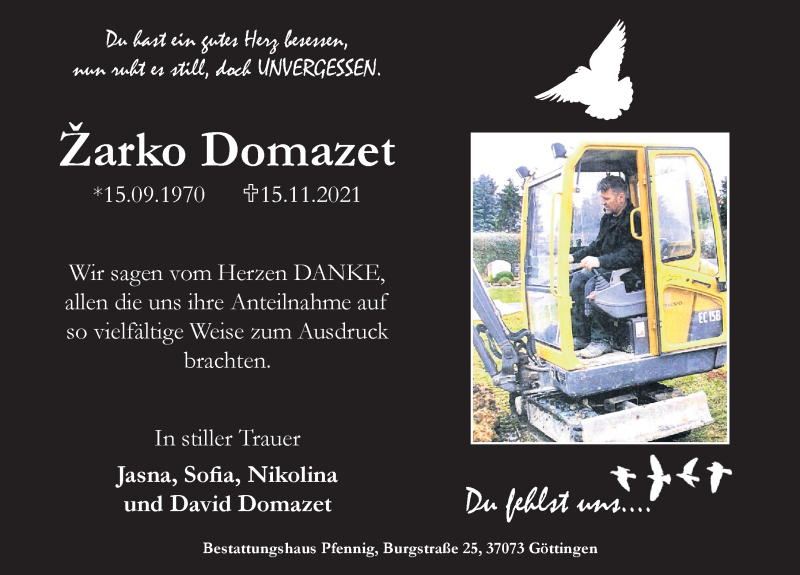  Traueranzeige für Žarko Domazet vom 27.11.2021 aus Göttinger Tageblatt