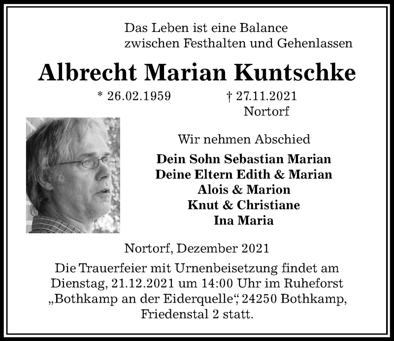  Traueranzeige für Albrecht Marian Kuntschke vom 11.12.2021 aus Kieler Nachrichten