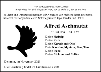 Traueranzeige von Alfred Aschmutat von Ostsee-Zeitung GmbH