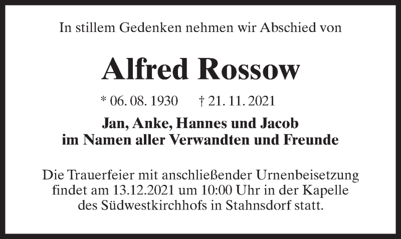  Traueranzeige für Alfred Rossow vom 04.12.2021 aus Märkischen Allgemeine Zeitung