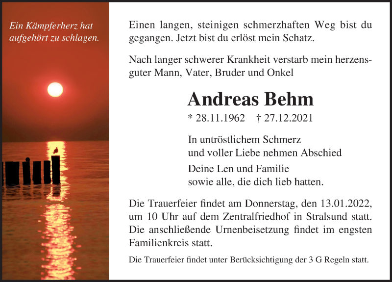  Traueranzeige für Andreas Behm vom 31.12.2021 aus Ostsee-Zeitung GmbH