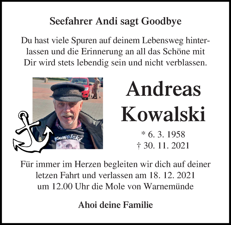  Traueranzeige für Andreas Kowalski vom 04.12.2021 aus Ostsee-Zeitung GmbH