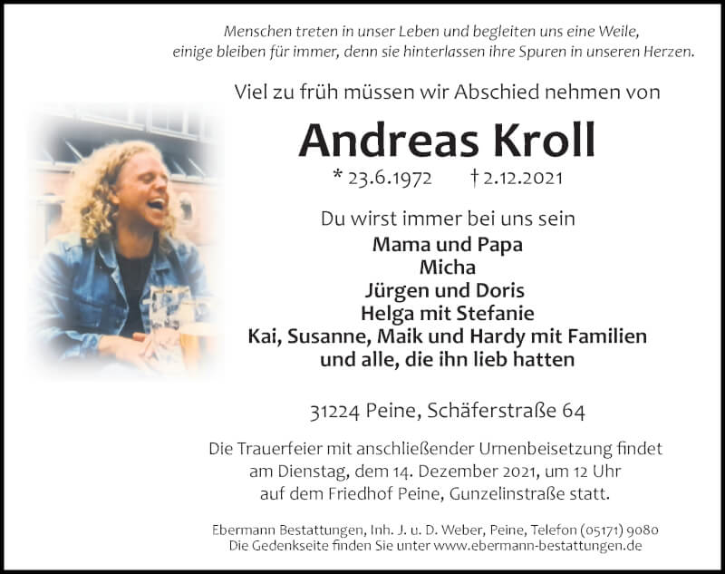  Traueranzeige für Andreas Kroll vom 11.12.2021 aus Peiner Allgemeine Zeitung