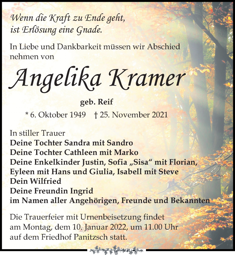  Traueranzeige für Angelika Kramer vom 04.12.2021 aus Leipziger Volkszeitung
