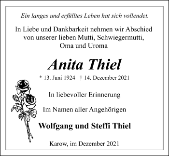 Traueranzeige von Anita Thiel von Ostsee-Zeitung GmbH