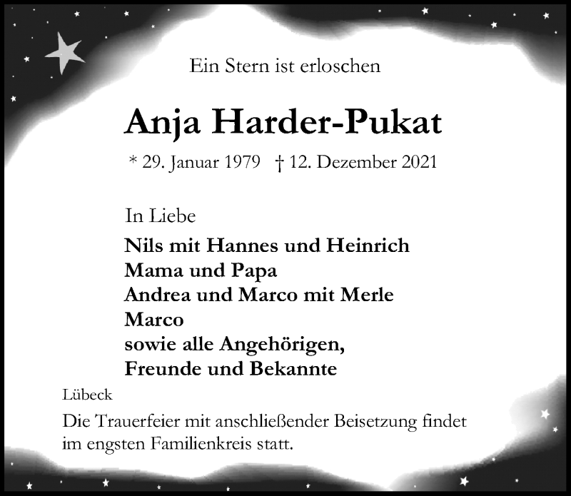  Traueranzeige für Anja Harder-Pukat vom 19.12.2021 aus Lübecker Nachrichten