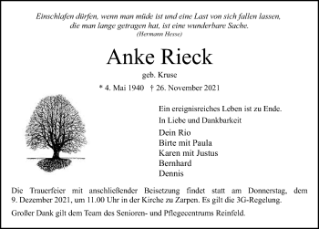 Traueranzeige von Anke Rieck von Lübecker Nachrichten
