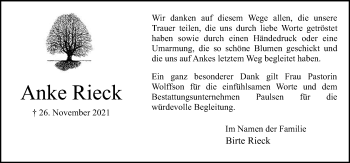 Traueranzeige von Anke Rieck von Lübecker Nachrichten