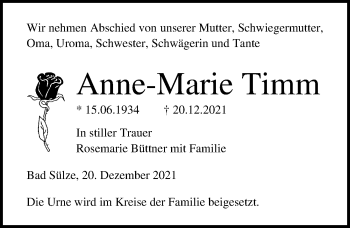 Traueranzeige von Anne-Marie Timm von Ostsee-Zeitung GmbH