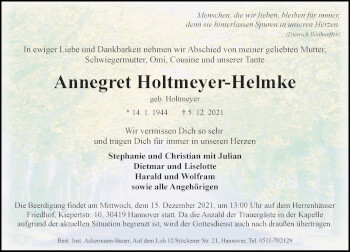 Traueranzeige von Annegret Holtmeyer-Helmke von Hannoversche Allgemeine Zeitung/Neue Presse