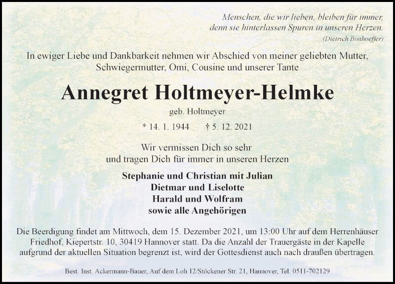  Traueranzeige für Annegret Holtmeyer-Helmke vom 11.12.2021 aus Hannoversche Allgemeine Zeitung/Neue Presse