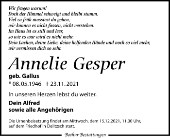 Traueranzeige von Annelie Gesper von Leipziger Volkszeitung