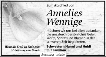 Traueranzeige von Annelies Wennige von Leipziger Volkszeitung