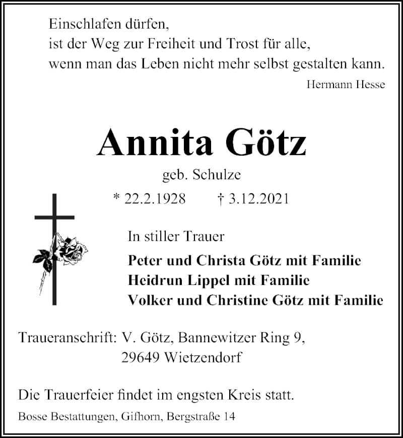  Traueranzeige für Annita Götz vom 11.12.2021 aus Aller Zeitung