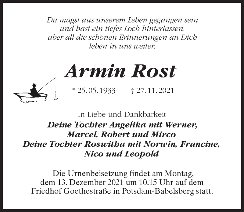  Traueranzeige für Armin Rost vom 04.12.2021 aus Märkischen Allgemeine Zeitung