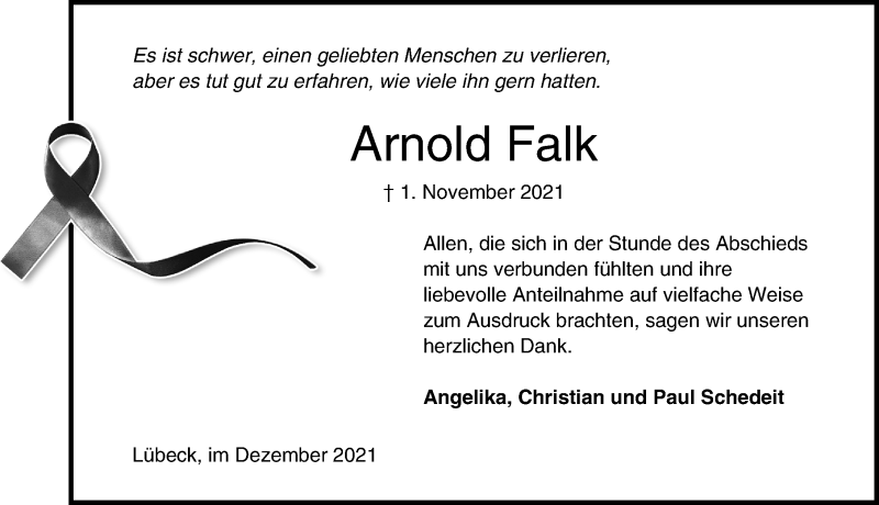  Traueranzeige für Arnold Falk vom 05.12.2021 aus Lübecker Nachrichten