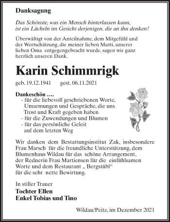 Traueranzeige von Karin Schimmrigk 