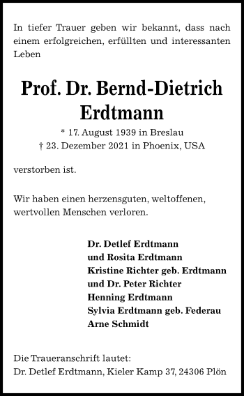 Traueranzeige von Bernd-Dietrich Erdtmann von Kieler Nachrichten
