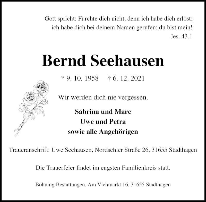  Traueranzeige für Bernd Seehausen vom 11.12.2021 aus Schaumburger Nachrichten