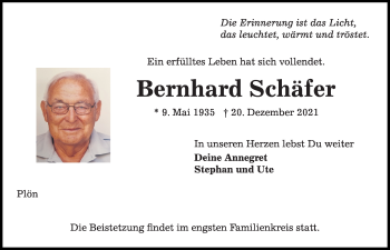 Traueranzeige von Bernhard Schäfer von Kieler Nachrichten